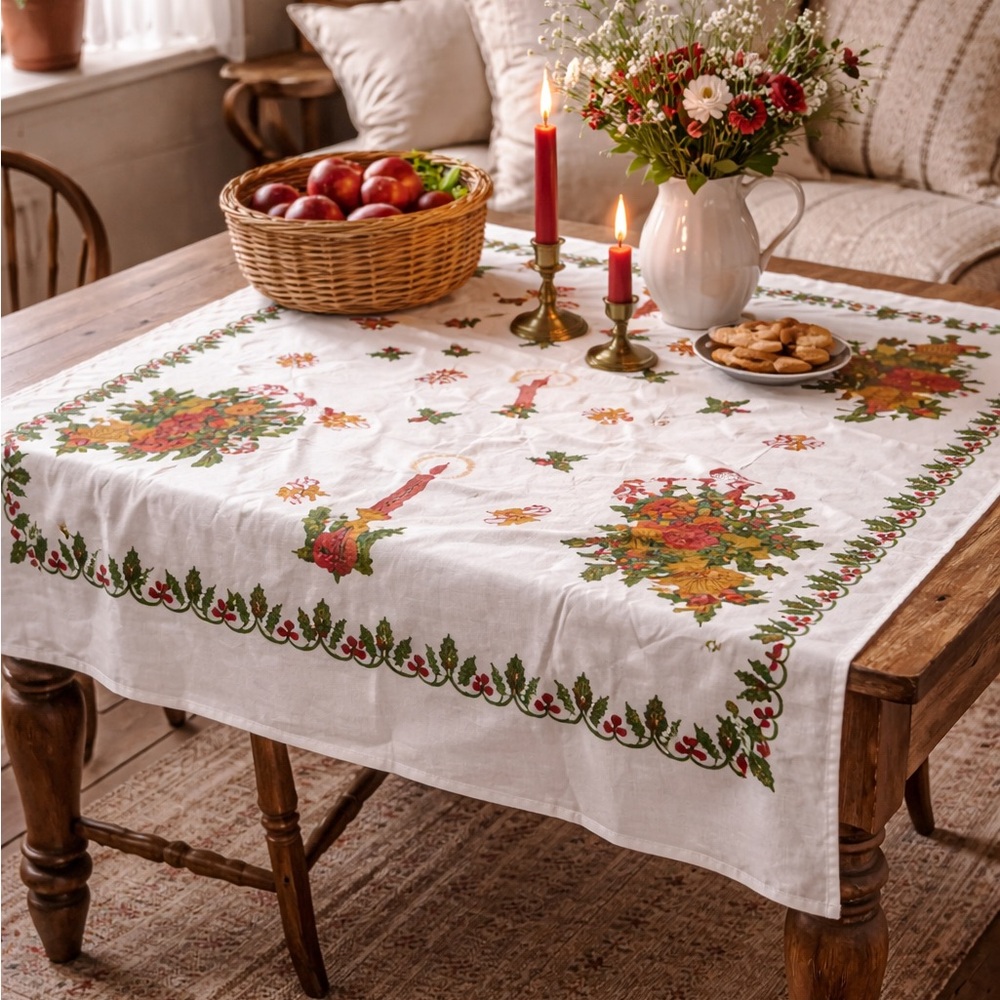 Vintage Christmas Tablecloth Square Holly Candle Santa Cottage Holiday